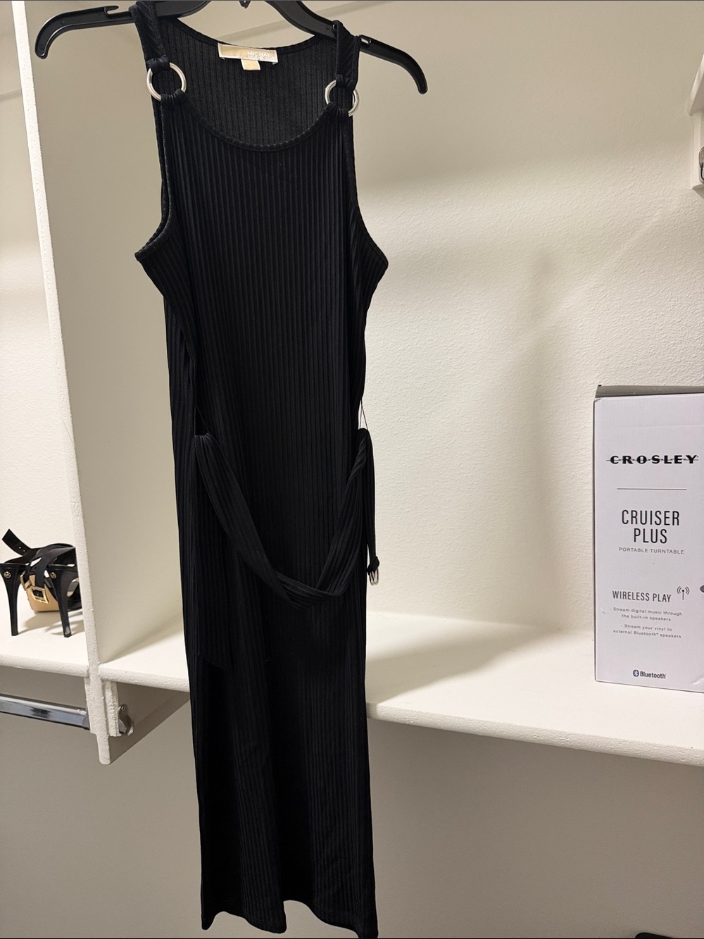 Michael Kors Black Ribbed Sleeveless Maxi Dress with Ring-Strap Detail and belt